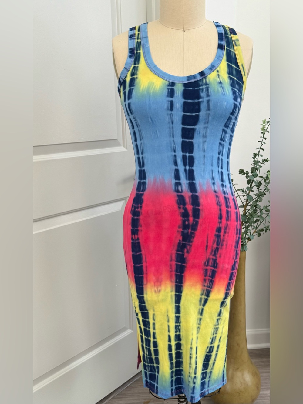 Fashion Nova Tie-Dye Maxi Tank Dress - Blue, Pink & Yellow